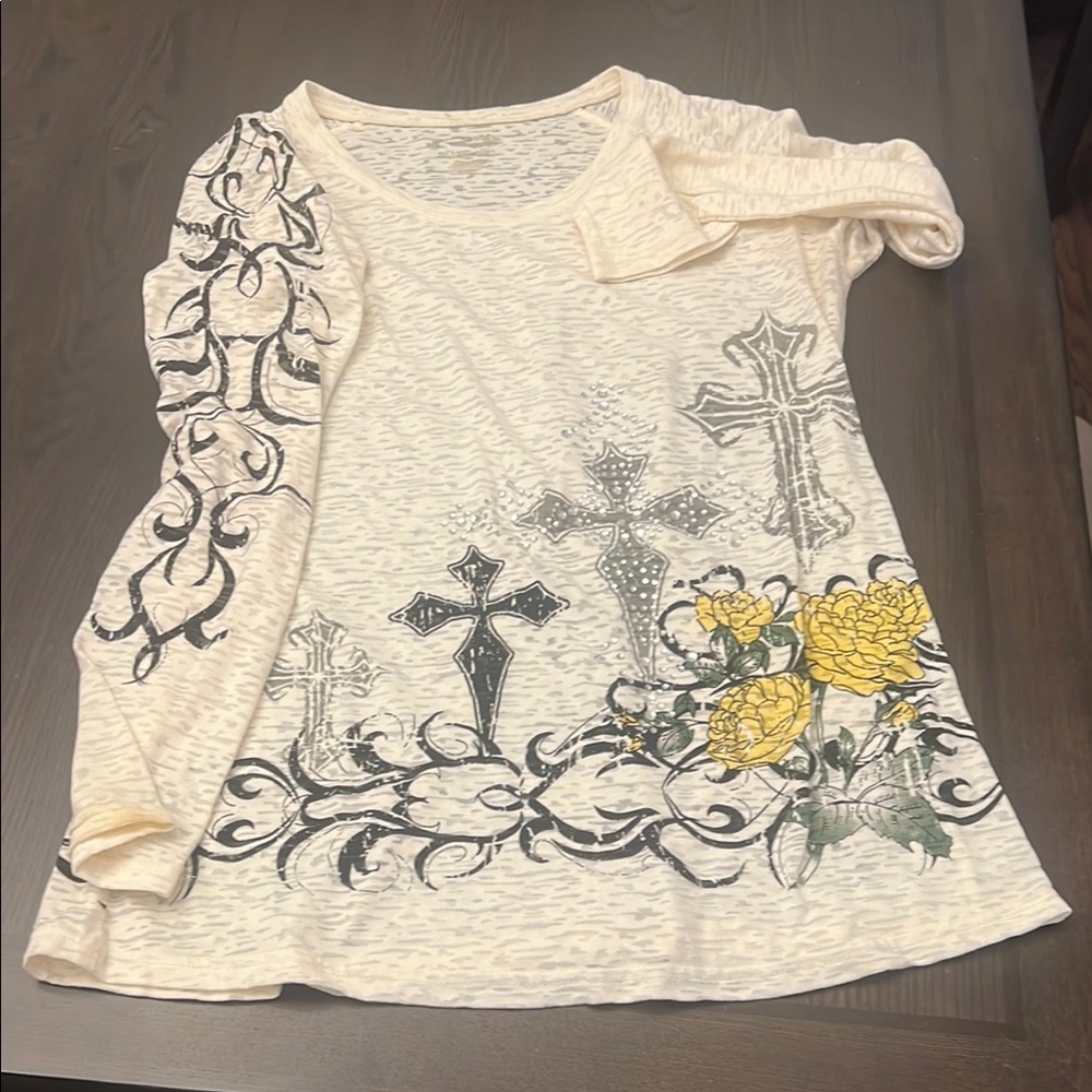 Cream Long Sleeve Top with Cross and Floral Design